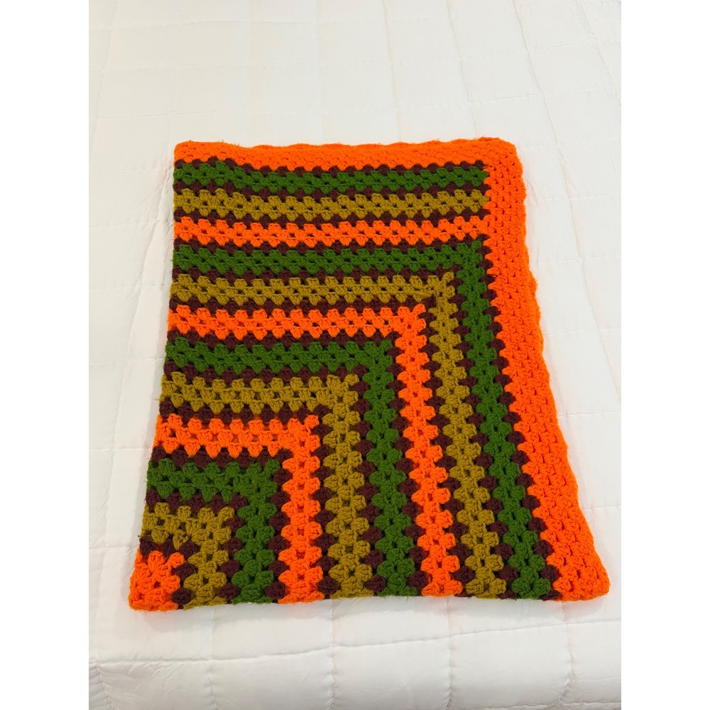 Vintage Handmade Crochet Granny Square Blanket Orange Green Brown Retro Throw